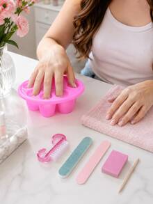 1 Set Pink Plastic Nail Soak Bowl Kit, Five-Finger Detachable Manicure Tool Set With Nail File Brush Cuticle Stick For Home Nail Care - Multicolor - View 2