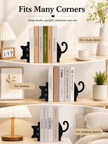 Cute Black Cat Bookends, Metal Decorative Bookshelf Support, Suitable For Bookshelves, Desks And Home Offices, Cartoon Cat Book Organizer, Suitable For Study, Bedroom, Reading Area And Book Display - Multicolor - View 9