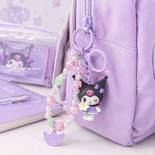 MINISO Sanrio Kuromi Purple Flower Beaded Wrist Strap Keychain, Cute Character Mini Figure Bag Charm With Glitter Bead Bracelet, Purple Clip Hook & Character Tag, Backpack Purse Accessory, Back To School Gift - Style 3 - View 3