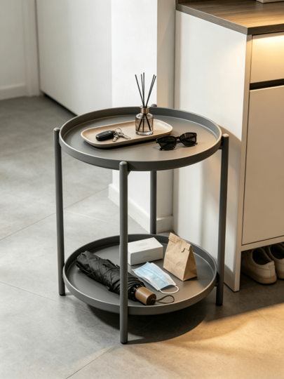 1pc Round Double-Layer Side Table With Heightened Surrounding Edges, Sofa Cup Storage Stand, Stable Support Frame, Minimalist Multi-Functional Storage Corner Table For Bedroom Bedside.