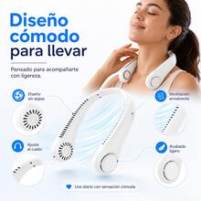 Ventilador manos libres colgante para el cuello, batería de larga duración recargable por USB, diseño compacto portátil disponible en azul, blanco y rosa, accesorio indispensable en verano para gym, hogar, escuela y salidas al exterior - Blanco - Ver 7