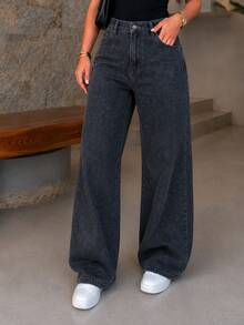 BNB Women's Wide Leg Jeans, High Waist, Elegant Outfits, Premium Twill - 鉛灰 - 查看 7