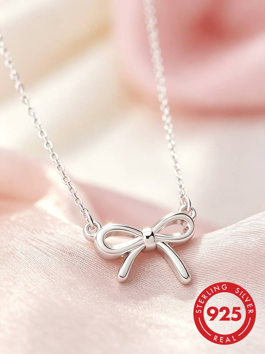 1pc S925 Sterling Silver Sweet Cute Bow Necklace, Minimalist Korean Ins ...