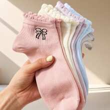 5 Pasang Kaos Kaki Pendek Wanita Warna Macaron Polos Bergaris, Bordir Pita Kecil, Manset Berkerut, Kaos Kaki Pendek Lembut, Manis, Kasual, Serbaguna untuk Sehari-hari (Satu Ukuran EU 35–43) - MultiWarna - View 4