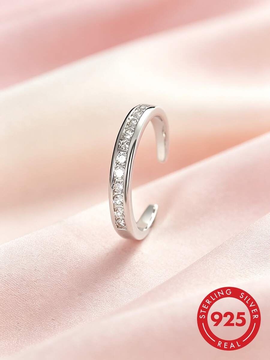 1pc S925 Sterling Silver Inlaid Row Diamond Open Ring, Fashionable Luxury Niche Exquisite Personalized Minimalist Elegant Ins Cold Style Daily Wearable Stackable Jewelry Accessory Casual Party Versatile Gift