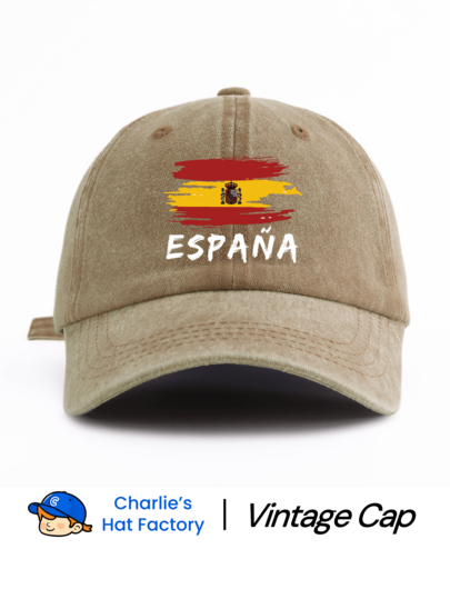 復古水洗棒球帽 ESPANA 西班牙國旗圖案，復古國家自豪風 Dad Hat 中性款，Y2K 街頭風遮陽帽，適合夏季海灘旅行
