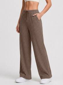 Never me Women's Straight Leg Wide Leg Athletic Pants, Fitted Elastic Waist With Drawstring, Pilates Running Leggings - Coffee Brown - View 4