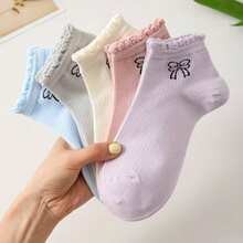 5 Pasang Kaos Kaki Pendek Wanita Warna Macaron Polos Bergaris, Bordir Pita Kecil, Manset Berkerut, Kaos Kaki Pendek Lembut, Manis, Kasual, Serbaguna untuk Sehari-hari (Satu Ukuran EU 35–43) - MultiWarna - View 1