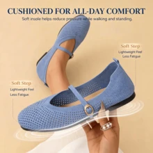 Women's Breathable Knit Casual Soft Sole Ballet Flats, Daily Mary Jane Flat Shoes With Round Toe, Comfortable Walking Shoes For School And Commuting - Blue - View 7