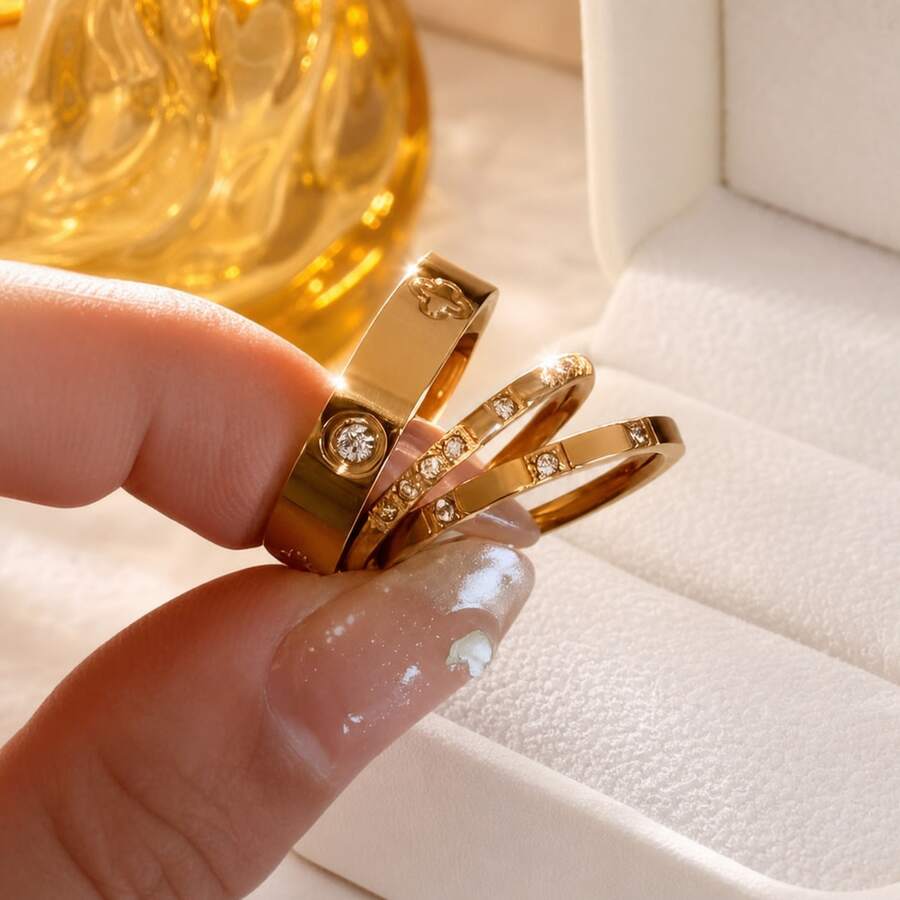 2026 New 14K Gold 3 Diamond & 8 Diamond Square Ring, Waterproof Stainless Steel Material, Won't Fade, Suitable For Daily Wear, Party Occasions And As Mother's Day Gift - Butterfly - View 1