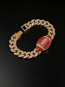 Men's Full Rhinestone Football Cuban Bracelet, Hip-Hop Colorful Rhinestone Thick Chain Bracelet, Sports Fan Party Accessory Gift, Gold And Silver Dual Color Options - Football Bracelet - View 14