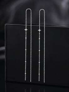 GLIMMER GI 1 Pair Women's S925 Sterling Silver Low-Allergy Four-Pointed Star Long Ear Thread Earrings, Elegant Versatile Minimalist New Style For Ear Piercing, Suitable For Daily Wear/Vacation/Valentine's Day/Birthday/Mother's Day Gift [Gift Box Included] - Silver - View 8
