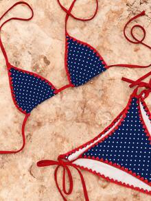 Women's Colorblock Ruffle Trim Bikini Set, Featuring Adjustable Triangle Cups And Tie Design, Suitable For Beach Vacation And Retro Style Summer - Coffee White - View 6