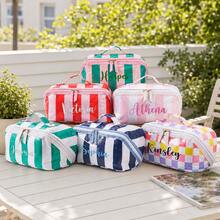 Personalized Striped Colorblock Cosmetic Bag, Pillow Shape Makeup Organizer With Zipper, Portable Travel Toiletry Bag, Open Flat Toiletry Bag, Gift - Multicolor - View 1
