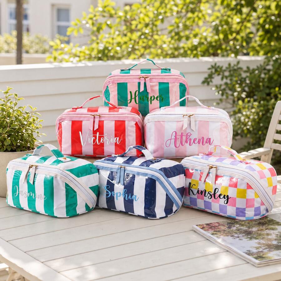 Personalized Striped Colorblock Cosmetic Bag, Pillow Shape Makeup Organizer With Zipper, Portable Travel Toiletry Bag, Open Flat Toiletry Bag, Gift - Multicolor - View 1