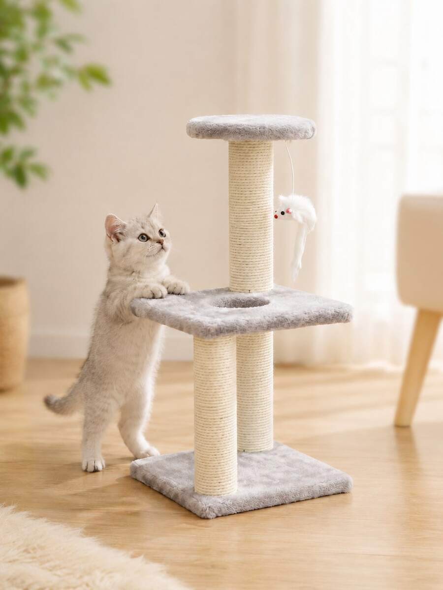 Torre de Gato Pequeña, Centro de Actividad para Gatitos de 3 Niveles de 16.5 Pulgadas con Poste de Rascado de Cuerda, Plataforma de Descanso de Felpa y Juguete Colgante, Adecuado para Gatitos y Gatos de Interior - Gris Claro - Ver 1