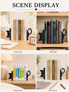 Cute Black Cat Bookends, Metal Decorative Bookshelf Support, Suitable For Bookshelves, Desks And Home Offices, Cartoon Cat Book Organizer, Suitable For Study, Bedroom, Reading Area And Book Display - Multicolor - View 10