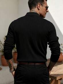 Camisa POLO de punto acanalado de manga larga, holgada y fina para hombres ALTZTAR, simple y de moda, adecuada para el uso diario en primavera y otoño - Negro - Ver 2