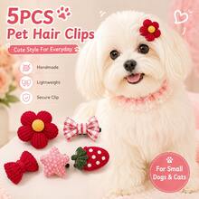 5pcs Dog Hair Clips, Handmade Woven Pet Hair Bows, Cute Flower Design Beauty Accessories, Suitable For Yorkshire Terrier, Maltese, Small Dogs And Cats - Multicolor - View 3