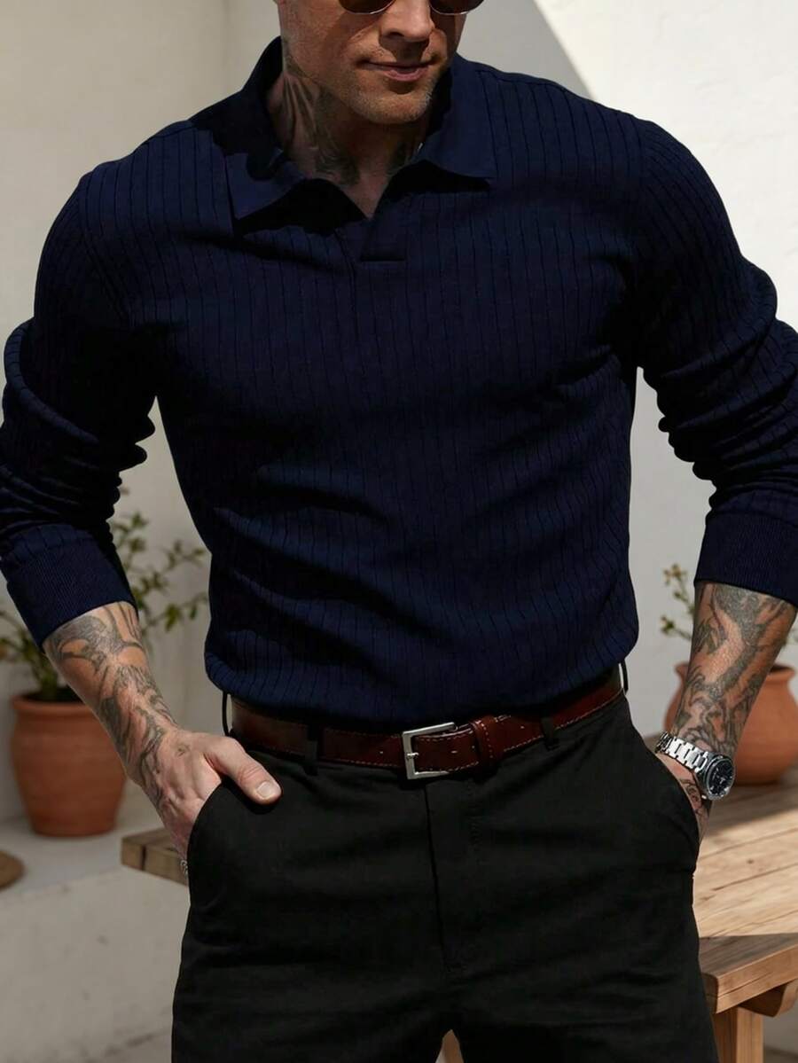 ALTZTAR Men's Loose Fit Thin Long Sleeve Ribbed Knit Polo Shirt, Simple & Stylish, Suitable For Daily Commute, Spring & Autumn - Navy Blue - View 1