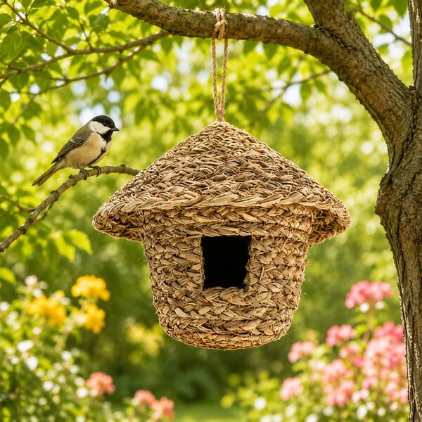 Casita de pájaros tejida para colgar con asa trenzada y entrada cuadrada, refugio rústico tipo nido para pájaros pequeños, casita decorativa para exterior para jardín, patio, balcón, porche y patio trasero, regalo encantador para observadores de aves y amantes de la decoración de jardín