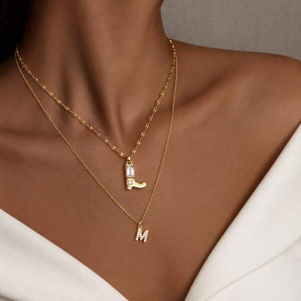 2Pcs/Set Classic Fashion Western Cowboy Boot Initial Pendant Golden Stainless Steel Lip Chain Layered Choker Necklaces For Women