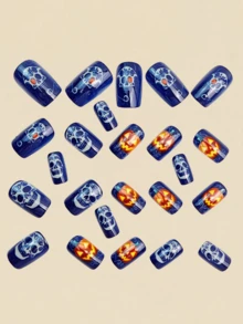 24pcs Stiker Kuku Motif Tengkorak Halloween, Kuku Palsu Persegi Gaya Y2K, Aksesoris Seni Kuku - Royal Blue - View 3