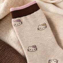 MINISO Sanrio Hello Kitty Allover Embroidered Crew Socks Soft Cotton Blend Warm Fall Winter Hosiery Back To School Essential - Style 1 - View 3