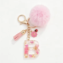 1pc Pink Glitter Letter Keychain (A-Z) - Dried Flower Shell Resin Letter Charm With Pop Pom Pom, Leather Tassel And Oil-Drip Daisy Beetle Accessory, Fashion Key Ring, Suitable For Bags/Cars, Cute Gift For Women And Mothers - Multicolor - View 20