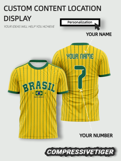 Áo bóng đá Brazil màu vàng sọc dọc xanh lá mịn, tay ngắn, in chữ BRASIL đậm với logo cờ Brazil, tùy chỉnh hoàn toàn tên và số, thoải mái thoáng khí, cho trận đấu bóng đá 2026, lựa chọn mặc hàng ngày cho fan