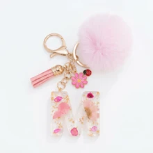 1pc Pink Glitter Letter Keychain (A-Z) - Dried Flower Shell Resin Letter Charm With Pop Pom Pom, Leather Tassel And Oil-Drip Daisy Beetle Accessory, Fashion Key Ring, Suitable For Bags/Cars, Cute Gift For Women And Mothers - Multicolor - View 8