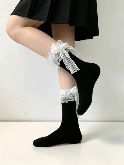 1/3 Pairs New Summer Sweet Versatile Lace Trim Mid-Calf Socks With Bowknot On Heel