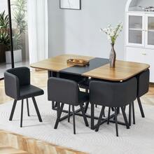 Dining Table Set – Table With Wood Grain Surface & Black Metal Frame, For 4-6 People - Black - View 4