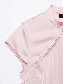 Mellowy Spring/Autumn New Women's European And American Style Fashion Minimalist Side Button Decor Satin Top Pink Summer - Pink - View 11