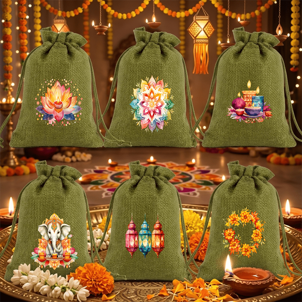 6 buah Kantong Kemasan Serut Hijau untuk Diwali, Kantong Permen Goni Alami untuk Perayaan, Kantong Hadiah Mandala Cat Air untuk Souvenir Pesta Deepavali