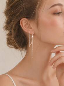 GLIMMER GI 1 Pair Women's S925 Sterling Silver Low-Allergy Four-Pointed Star Long Ear Thread Earrings, Elegant Versatile Minimalist New Style For Ear Piercing, Suitable For Daily Wear/Vacation/Valentine's Day/Birthday/Mother's Day Gift [Gift Box Included] - Silver - View 9