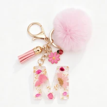 1pc Pink Glitter Letter Keychain (A-Z) - Dried Flower Shell Resin Letter Charm With Pop Pom Pom, Leather Tassel And Oil-Drip Daisy Beetle Accessory, Fashion Key Ring, Suitable For Bags/Cars, Cute Gift For Women And Mothers - Multicolor - View 38