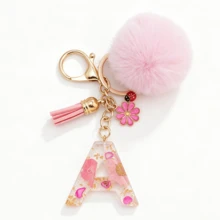 1pc Pink Glitter Letter Keychain (A-Z) - Dried Flower Shell Resin Letter Charm With Pop Pom Pom, Leather Tassel And Oil-Drip Daisy Beetle Accessory, Fashion Key Ring, Suitable For Bags/Cars, Cute Gift For Women And Mothers - Multicolor - View 22