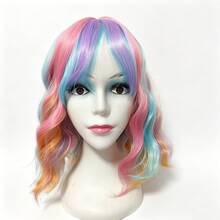 14inch Rainbow Wigs For Women Short Curly Wavy Multi Color Wig For Girls Short Bob Wig With Bangs Heat Resistant Synthetic Wigs For Cosplay Costume Party (Colorful Wig) For Halloween - Multicolor - View 2