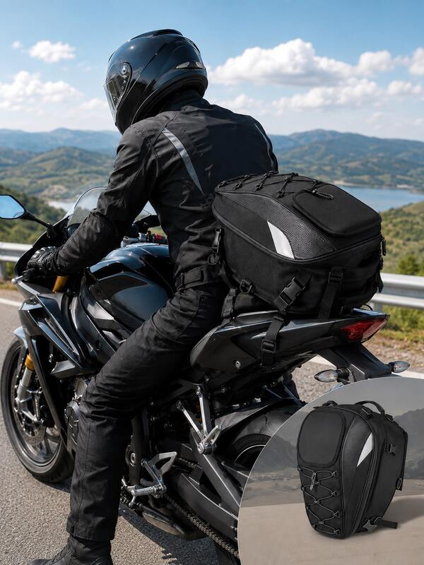 Motorcycle Tail Bag, Motorcycle Helmet Bag Backpack Dual Use, Expandable Waterproof Rear Seat Bag, Carbon Fiber Large Capacity Motorcycle Luggage Storage Bag With Reflective Strip, Universal Motorcycle Accessories