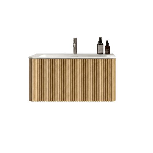 80cm Wide Washbasin With Vanity Unit For Modern Bathrooms, Mineral Cast Washbasin, Grooved Design, 80cm Wall-Mounted Bathroom Unit, Oak Color, Pre-Assembled