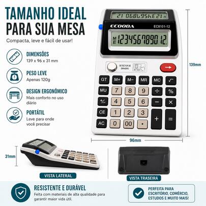 Calculadora Eletrônica 12 Dígitos com Duplo Visor Detector de Dinheiro Escritório Escola Comércio