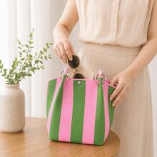 Personalized Crochet Knit Handbag Contrast Stripe Mini Tote Bag, Fashion Knitted Small Top Handle Purse, Handheld Bag For Daily Use, Travel, Shopping - Multicolor - View 5