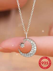 1pc S925 Sterling Silver Exquisite Elegant Shiny Star & Moon Pendant Necklace, Women's Light Luxury Fashion Versatile Personalized Neck Accessory, Niche Cool Girl Style Star Crescent Moon Collarbone Chain, Birthday Gift For Best Friend - Stars and Moon - View 6