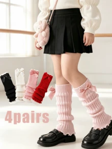 4 Pairs Girls Satin Big Bow Ribbed Ruffle Leg Warmers, Elastic Knit Leg Covers, Soft Skin-Friendly Princess Dress Accessories, Versatile Daily Holiday Party Baby Decorative Leg Warmers - Multicolor - View 1