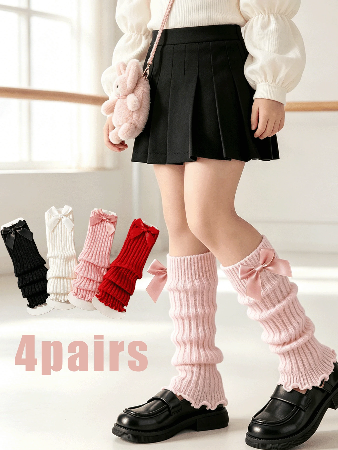 4 Pairs Girls Satin Big Bow Ribbed Ruffle Leg Warmers, Elastic Knit Leg Covers, Soft Skin-Friendly Princess Dress Accessories, Versatile Daily Holiday Party Baby Decorative Leg Warmers - Multicolor - View 1