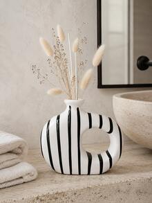 1pc Wabi-Sabi Style Abstract Hollow Ring Reed Diffuser Vase, Black Vertical Stripe White Base, Modern Minimalist Dried Flower Fragrance Bottle, Living Room Entryway Desktop Aesthetic Decor Gift - Black and White Striped Aromatherapy Bottle - View 9