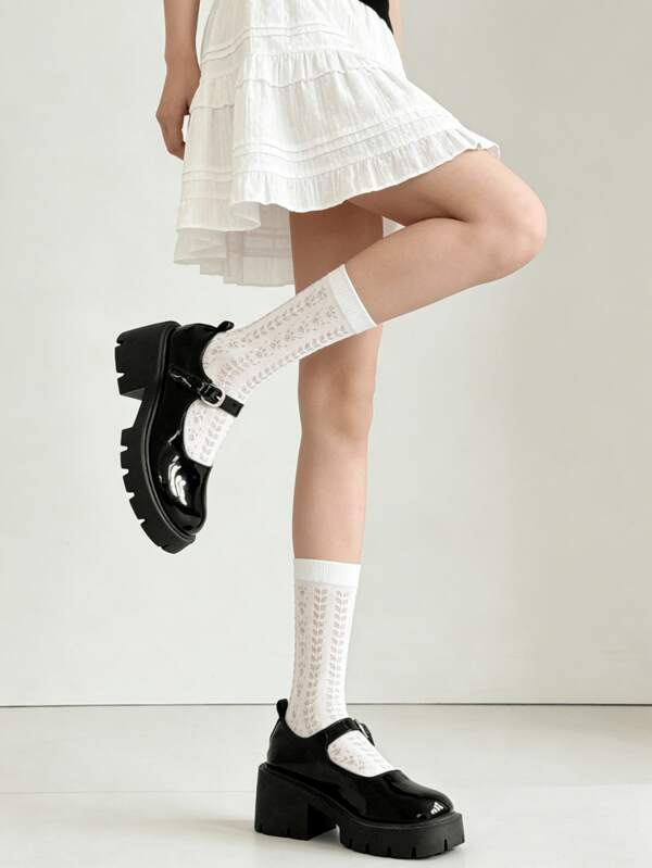 1/4 Pair Summer Thin White Minimalist Versatile Hollow Pattern Breathable Mid-Calf Socks