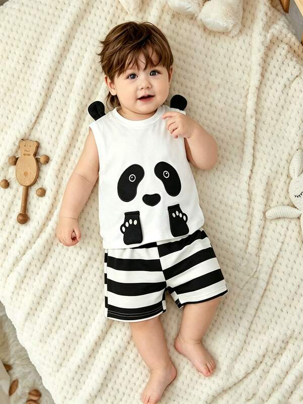 2pcs Baby Boy Panda Print Outfit - Sleeveless Vest & Striped Shorts Set, Cute Panda Ear Decor, Soft Breathable Fabric, Comfortable & Easy To Wear, Ideal For Summer Daily Wear