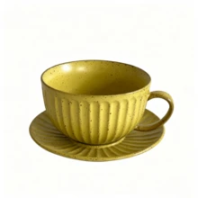 Aesthetic Retro Speckled Vertical Fluted Ceramic Cup & Saucer Set 250ml Standard Latte Tea Mug Vintage Turquoise Porcelain Table Decor For Breakfast Afternoon Tea Coffee Gift - Multicolor - View 16